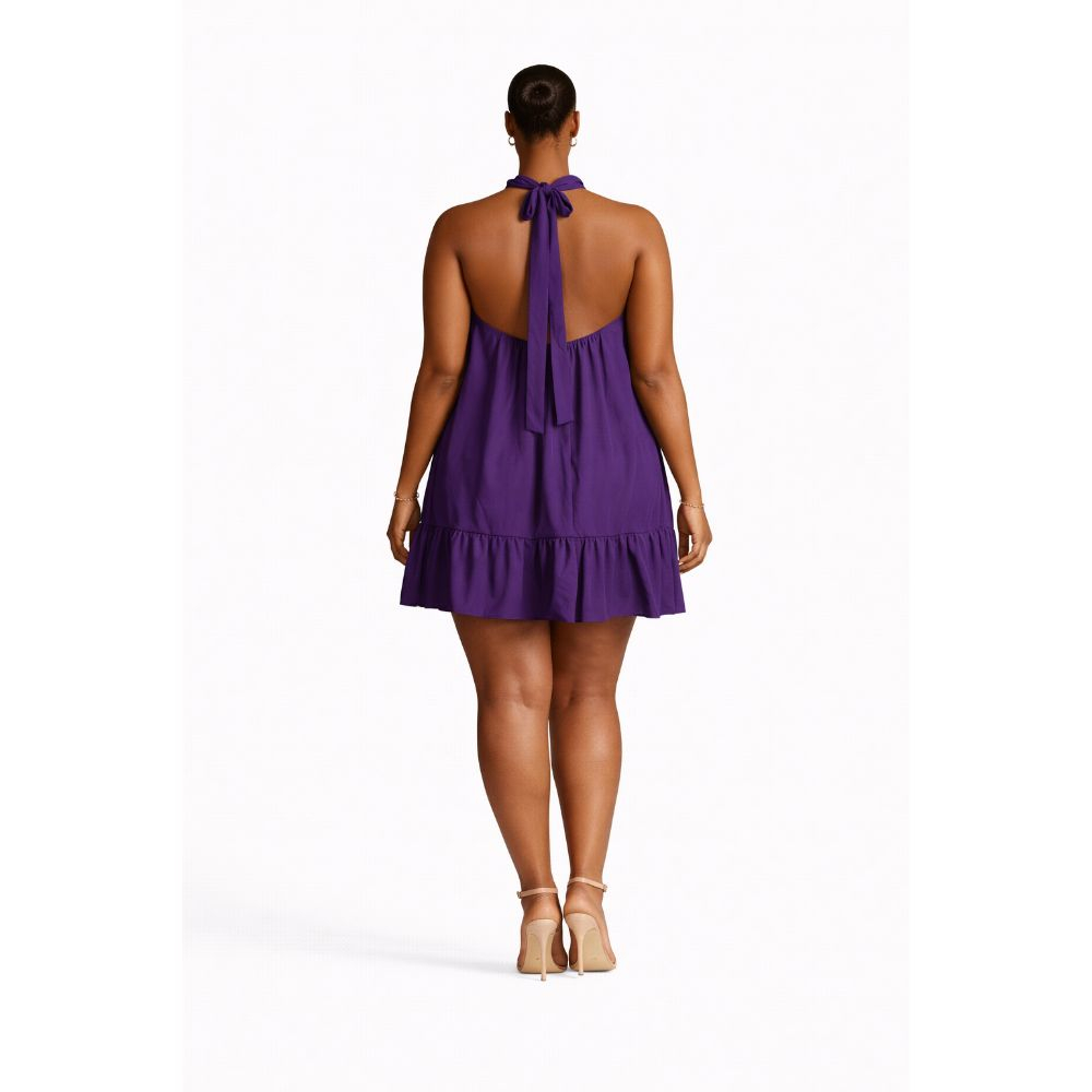 Purple Halter Neck Flowy Mini Dress with Layered Hem
